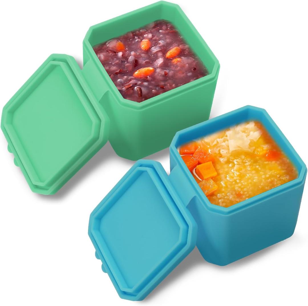 2 Pack Small Silicone Snack Containers with Lids, Leak Proof Salad Dressing Container, Lunch Box Containers for Office, Travel, Picnic (Green, Blue)