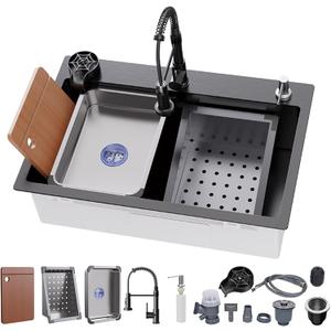 29.5 * 17.7 inch Kitchen Sink, Single Bowl Stainless Steel Sink Multifunctional Drop In Sink with Pull-Down Faucet and Multiple Accessories (black grey, 29.5 * 17.7 inch)