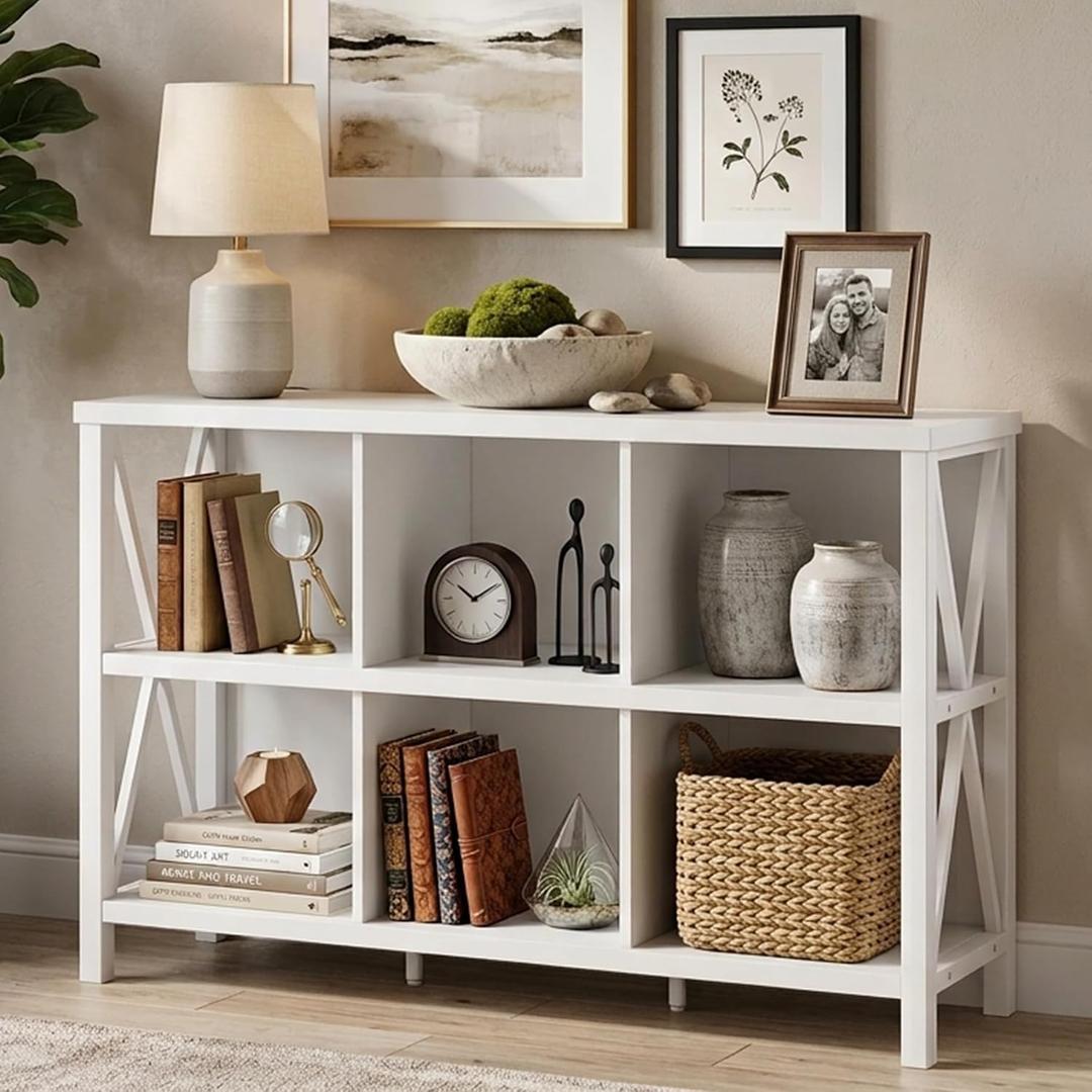 6 Cube Storage Organizer, 47" Long Horizontal Bookshelf, White Oak, Without Drawer