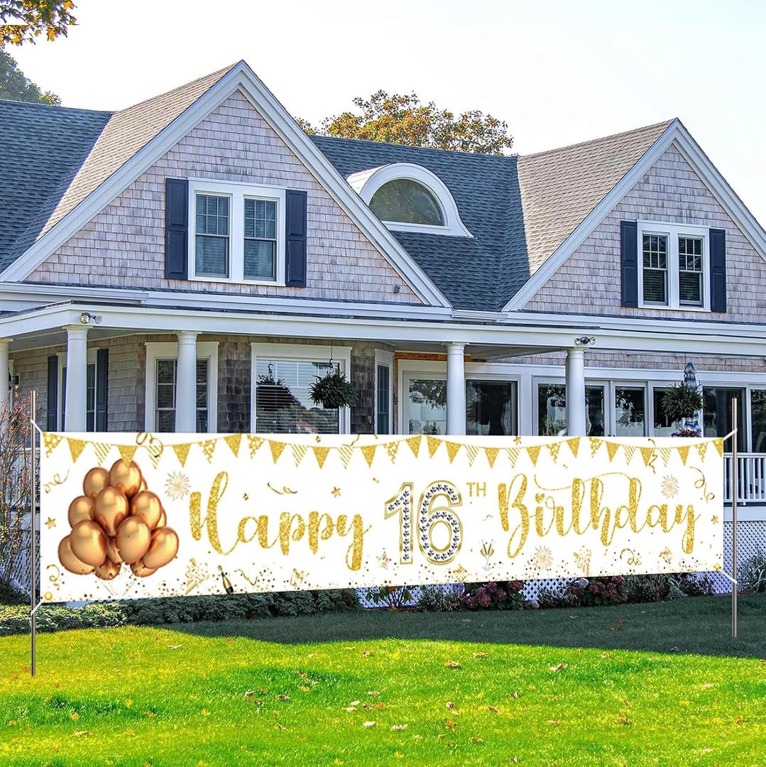 Happy 16th Birthday Banner, Happy Sweet 16 Birthday Banner, White Gold Sweet 16 Party Supplies, for Girls, Indoor/Outdoor Yard Sign, Celebration Decorations