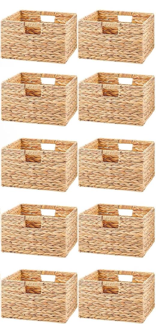 Jinei 10 Pcs Wicker Storage Basket Bulk 13 x 13 x 8 Inch Handwoven Water Hyacinth Cube Bin with Handles Woven Laundry for Organizer Shelves Wood Color