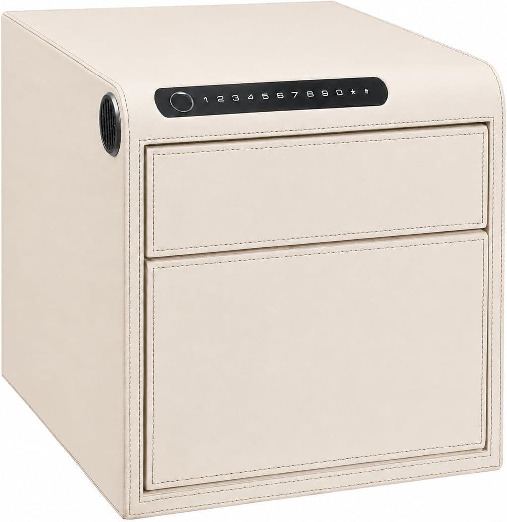 Jewelry Safe for Home with Drawers, Biometric Fingerprint Lock Box, Slide-Away Drawer for Handguns & Documents, Leather-Wrapped Watch Safe Organizer, Digital Keypad & Jewelry Tray, 14"W × 16.5"D