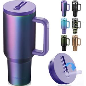 40 oz Tumbler with Handle and Flip Straw Lid - Upgraded Insulated Traveler Tumblers with Lids Straws Vacuum Leak Proof Stainless Steel 40oz Cup Mug Gifts for Men Women Him Her (Aurora)