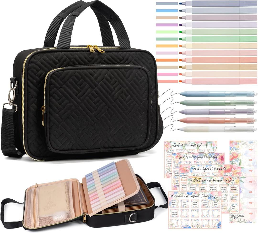 Bible Cover Case for Women, Large Bible Bag w/Shoulder Strap, Bible Study Supplies Journaling Kit Book Carrying Case with Pastel Highlighters 75 Tabs, Mothers Day Christian Gifts for Women Mom Teacher