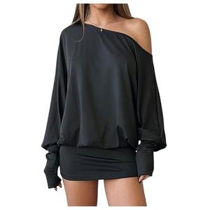 SOLY HUX Women's Long Sleeve Off The Shoulder Dress Y2k Mini Dress Streetwear Music Festival Outfits Solid Black Large