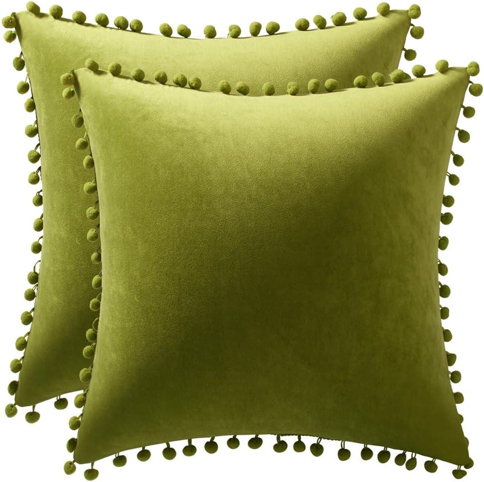 DEZENE Couch Pillow Cases 16x16 Chartreuse: 2 Pack Cozy Soft Pom-poms Velvet Square Throw Pillow Covers for Farmhouse Home Decor (16" x 16" (Pack of 2))