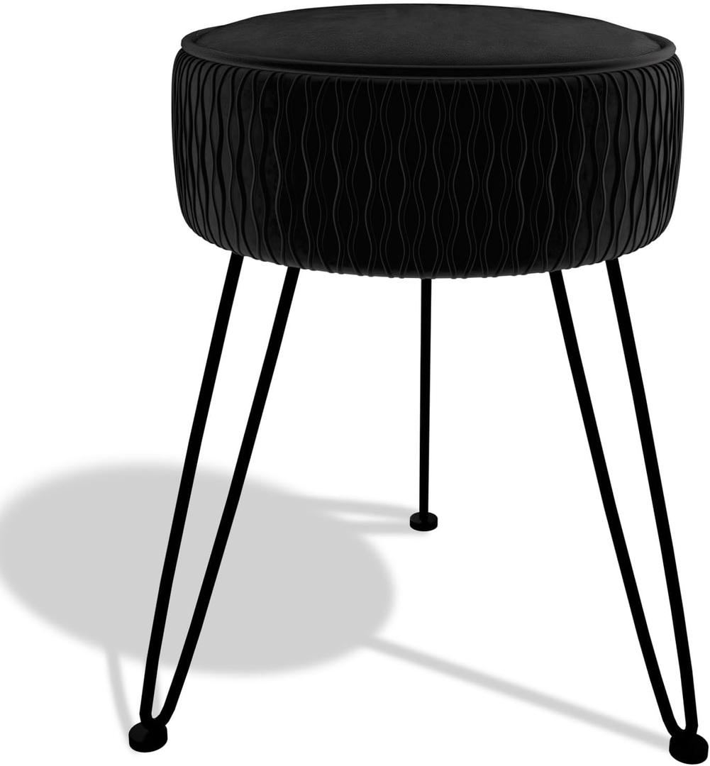 Velvet Vanity Stool Footrests, Round Ottoman Vanity Chairs with Anti-Slip Feet, Dressing Table Seat Foot Stool with Black Legs, Furry Padded Seat Side Table for Makeup Bedroom, Black