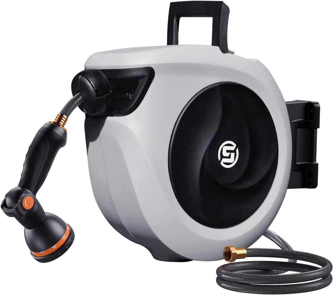 SUNPOW Retractable Garden Hose Reel 1/2 Inch x 33ft - Wall Mounted Hose Reel with 3/4 Inch Brass Fittings & 10-Pattern Nozzle - Auto Rewind System, Any Length Lock, 180 Swivel Bracket