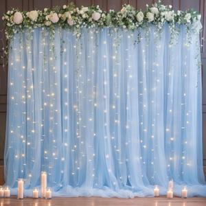 10x10ft Baby Blue Tulle Backdrop Curtain with Lights String for Parites, Sheer Photo Backdrop Curtain Drapes for Wedding Baby Shower Bridal Shower Birthday Party Photo Shoot Decorations 10ft x 10ft - 2 Panels