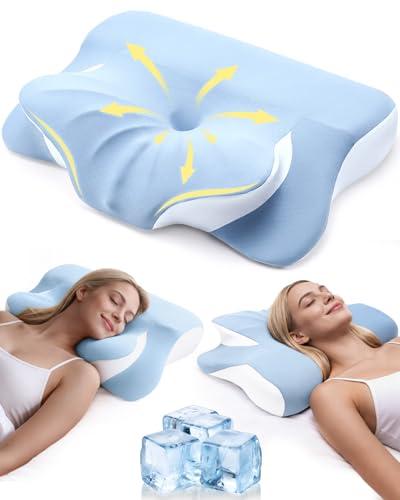Leewjed Cervical Neck Pillow for Back Side Sleepers, Memory Foam Double-Side Ergonomic Contoured Pillows with Cooling Pillowcase, Mellow Sleep Pillows for Sleeping, Pillow for Neck and Shoulder