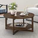 Round Coffee Table, 35" Rustic Modern Circle Coffee Tables with 2-Tier Storage Shelf, Wood Coffee Table for Living Room, Dark Walnut