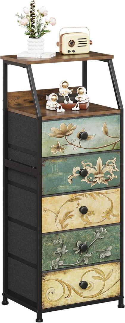 Tohomeor Nightstand with Fabric Drawers Dresser with 2 Tier Shelf Storage Tower for Bedroom Hallway Entryway Closet Organizer Sofa Beside Table Furniture (Multi, 5 Drawers)