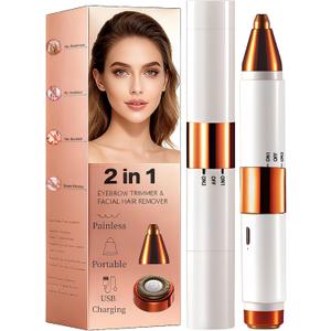 2-in-1 Painless Eyebrow Trimmer & Flawless Facial Hair Remover for Women - Gentle Dual Head Design for Brows, Lip, Chin, Cheeks - Rechargeable Type-C(White)