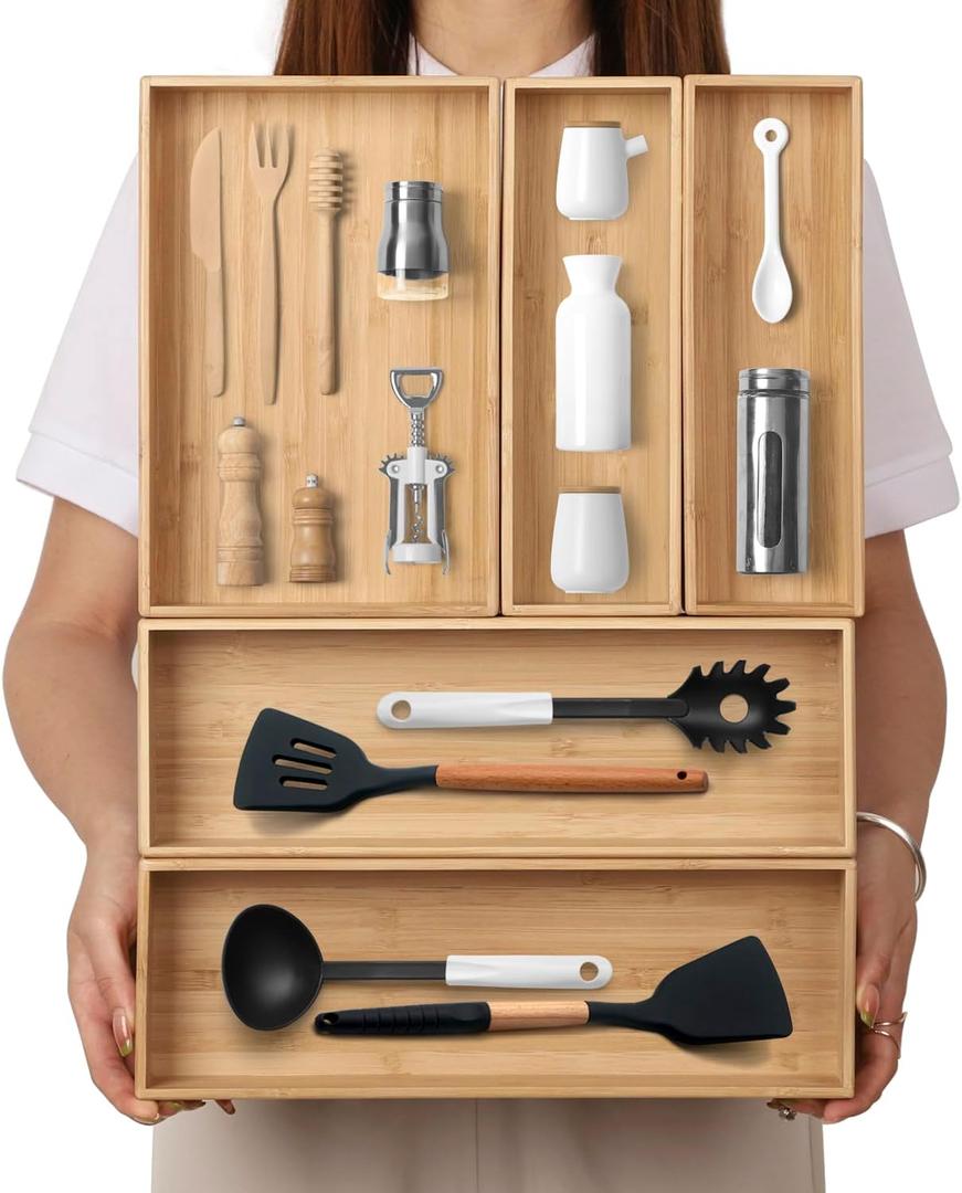 Stack Bamboo Drawer Organizer Set of 5, Kitchen Utensil, Flatware & Silverware Organizer-Wood Laminated Stackable for Kitchen, Bedroom, 13.4''x4.5''*2+10.2''x3.3''*2+10.2''x6.7''*1