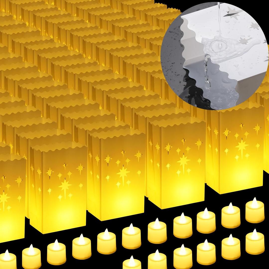 2025 New Waterproof 100 Pcs - Luminary Bags with Flameless Candles - Plastics Reusable Luminaries with Led Lights - Christmas Luminary Bags for Outdoors Birthday Wedding Thanksgiving Party Decor