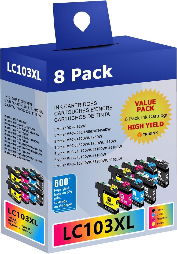 LC103XL Ink Cartridges Compatible with Brother LC103 LC101 Ink, 8-Pack for MFC-J870DW MFC-J6920DW MFC-J6520DW MFC-J450DW MFC-J470DW, 2 Black 2 Cyan 2 Magenta 2 Yellow