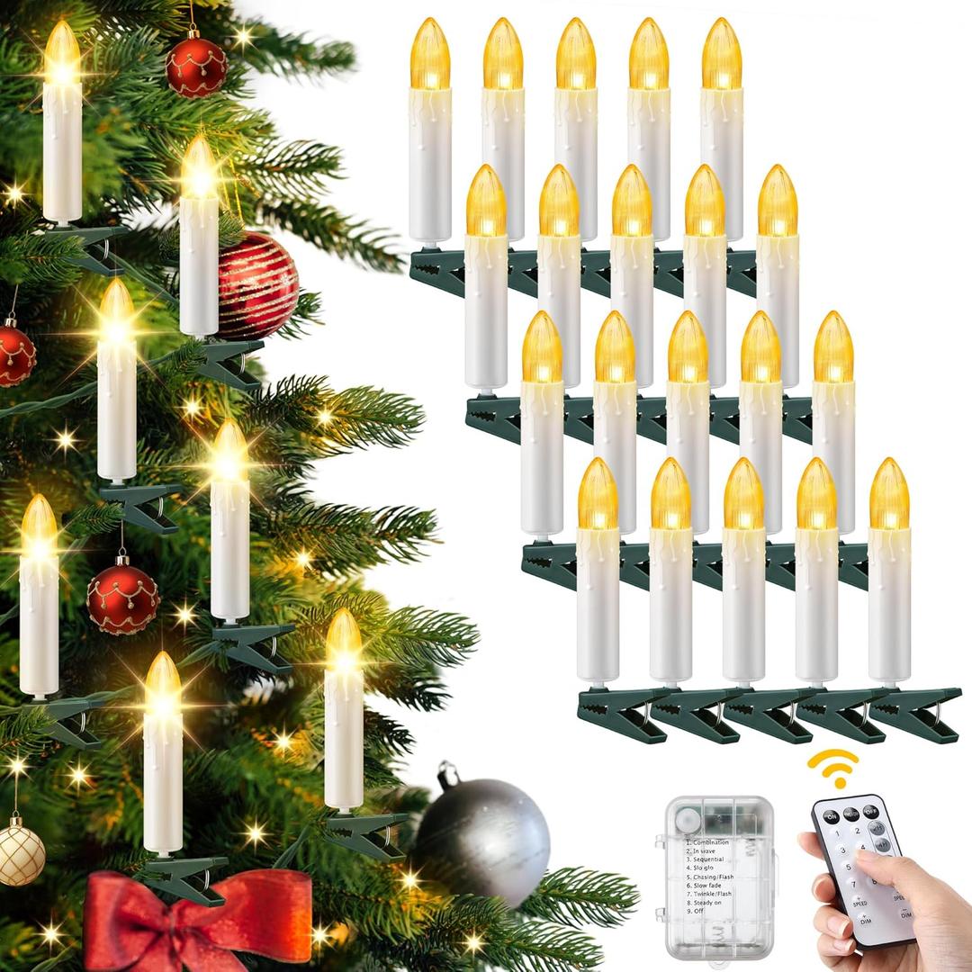 Christmas Tree Clip on Flameless LED Candle String Lights, White Candle with Clips & Remote Control & 8 Modes & Timer, Battery Operated, for Wedding & Holiday Decoration(20 Lights)