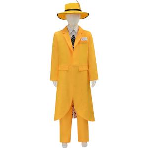 Mens Jim Carrey Costume Adult Mask Costume Mens Yellow Cosplay Jacket Pants Suit for Halloween (150cm, Kid)