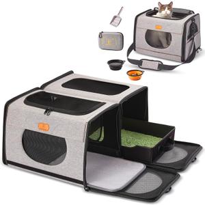 IC ICREATE.X Large Cat Carrier with Litter Box for Car Travel, Pet Carrier Bag 2-in-1Double Cat Travel Transport Carrier for Long Distance, Collapsible Dog Crate, Cat Bag for Kitten 2 Cats