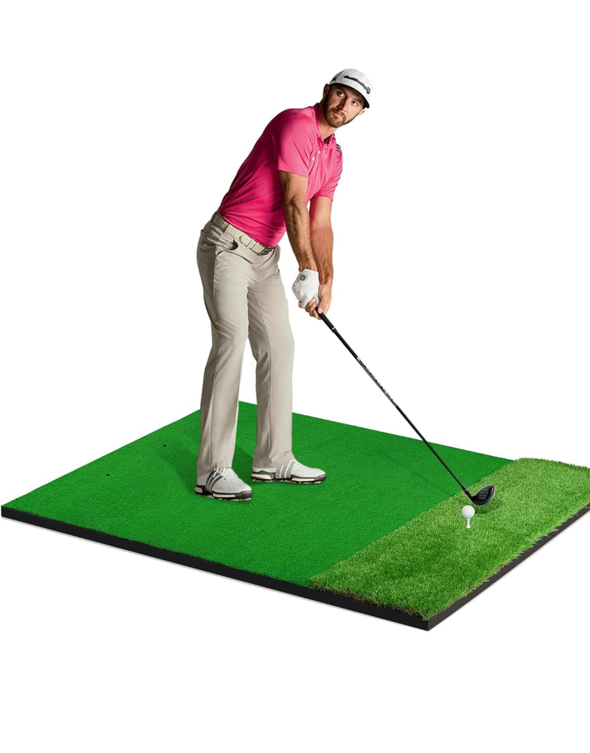 Dual-Turf Golf Hitting Mat, 5x4 Ft Golf Swing Training Practice Mat Chipping Mat Artificial Turf for Indoor/Outdoor Includes 3 Rubber Tees for Men/Boys & Golfers