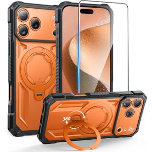 FNTCASE for iPhone 17 Pro Case: [360 Spin Magnetic Ring Kickstand] [Compatible for MagSafe] [Screen Protector] Heavy Duty Military Grade Protection Protective Phone Case with Stand Translucent Orange