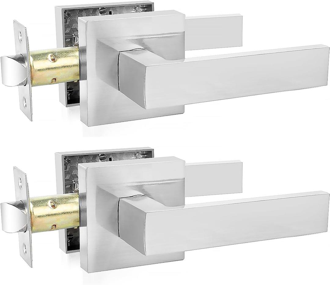 Passage Door Levers, 2 Pack Satin Nickel Heavy-Duty Door Handles, Square Non-Locking Door Knobs, Right and Left Handed for Closets, Hallways and Conference Rooms