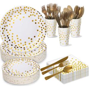 White and Gold Plates and Napkins Set - 175pcs Disposable Paper Plates Party Supplies for Birthday, Wedding, Baby Shower, Graduation, Valentines (Serve 25 Guests)