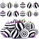 24Pcs Gothic Black and White Christmas Ball Ornaments Spooky Tree Hanging Balls with Purple Green Glitter Drips 2.36 Inch Stripe Dot Hanging Ornaments for Halloween Xmas Tree Nightmare Party Supplies
