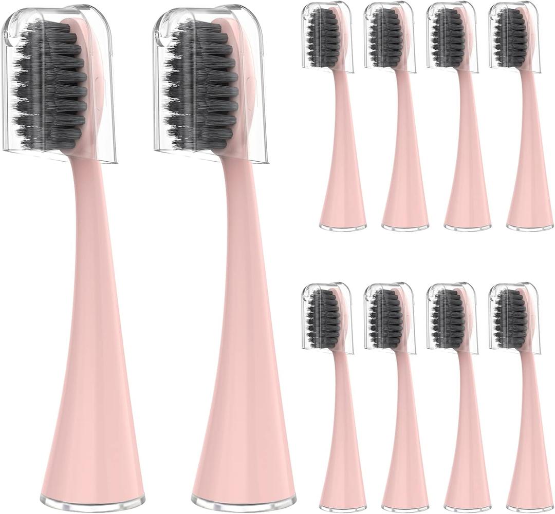 YUNCHI Replacement Toothbrush Heads for Burst Electric Toothbrush Adults with Dust Cover Caps, Soft Charcoal Bristles for Deep Cleaning, Plaque Removal and Whiting Teeth, 10 Count, Pink