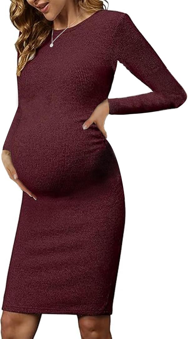 abkylie Side Ruch Knit Ribbed Maternity Bodycon Dress/Knee-Length Dress with Long Sleeve Fall Casual (Large, Red)