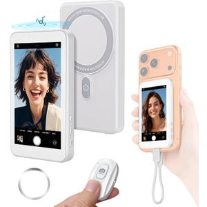 Vlog Selfie Monitor Screen for iPhone 17 Series & Android,Built-in Speaker,Wireless & Wired Magnetic 4K/1080P Phone Back Camera Monitor with Remote Control for Live Stream TikTok (White)
