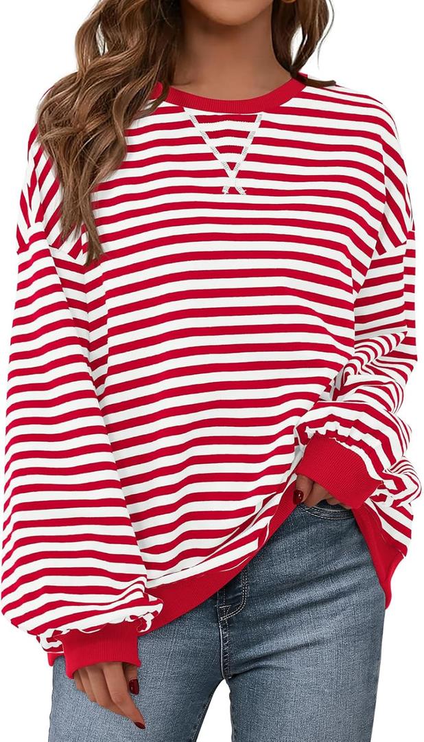 PRETTYGARDEN Womens Striped Oversized Sweatshirt Color Block Crew Neck Long Sleeve Casual Loose Pullover Top Y2K Clothes (Red, M)