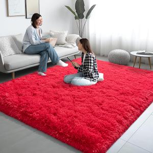 6x9 Area Rugs for Living Room, Red Fluffy Shaggy Rug Soft Carpets, Rugs for Bedroom Nursery Kids Room Dorm Home Decor Aesthetic