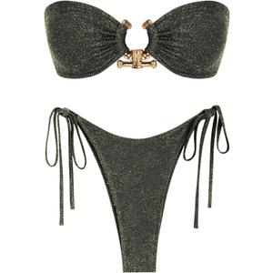 ZAFUL Metal Ring Bandeau Bikini Set Tie Side Bathing Suit High Cut 2 Piece Swimsuit Cutout Swimwear (Small, Metallic Shiny Black)