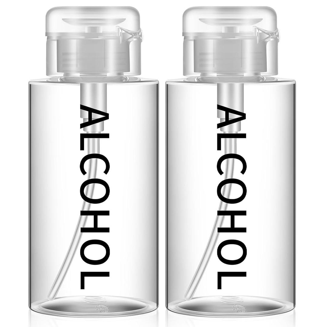 Layhit 2 Pcs 10 oz Alcohol Pump Dispenser Bottles Alcohol Push Down Liquid Dispenser Empty Pumping Bottle Refillable Cosmetic Container for Personal, Salon, Nail Care (Clear Cap + Clear Bottle)