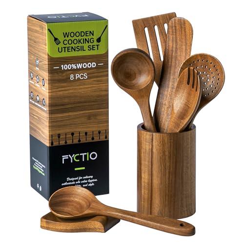 8 PCS Wooden Utensil Set with Holder, Spoon Rest, Durable Wooden Spoons for Cooking, Heat-Resistant, Comfort Grip,Easy to Clean, Non-stick Friendly, Ideal for Gifting