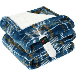Electric Blanket Heated Throw, Soft Flannel 50"x60" Plaid Heating Blanket with 8 Hours Auto Off 10 Fast Heating Levels Machine Washable Sherpa Heated Blanket with Overheating Protection (Dark Blue)