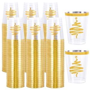 supernal 100Pack Christmas Gold Plastic Cups, Plastic Wine Glasses Disposable, Party Cup with Gold Xmas Tree Design, 10 oz Fancy Disposable Cup for Christmas Holiday Hot Cold Drinks Juice