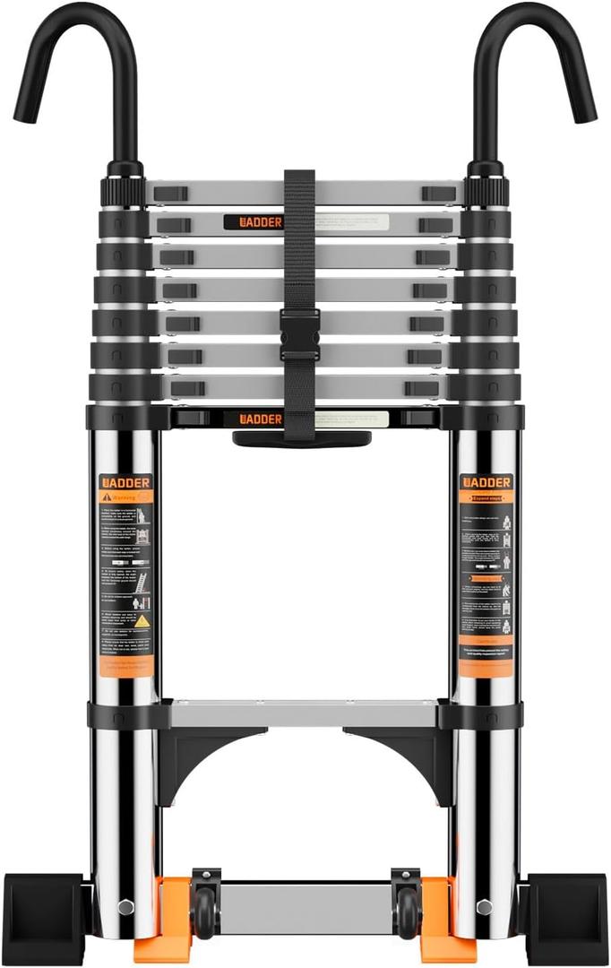 Telescopic Ladder,3.8M Stainless Steel Thickened High-Strength Loft Ladder, step ladder with Stabilizer Bar and Detachable Hooks, Multi Purpose Extendable Portable Folding Ladders (3.8M/12.5FT)