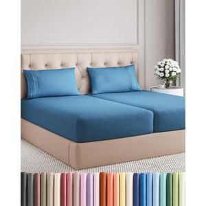 Split King Size 5 Piece Sheet Set - Comfy Breathable & Cooling Sheets - Hotel Luxury Bed Sheets for Women & Men - Deep Pockets, Easy-Fit, Soft & Wrinkle Free Sheets - Denim Blue Oeko-Tex Bed Sheet Set