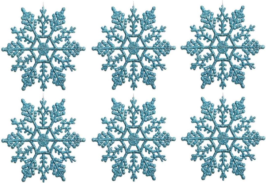 Kipokalor Turquoise plastic Snowflake Ornaments 24pcs tiny Sparkling Iridescent Glitter Snowflake Ornaments on String Hanger for Decorating,Chirstmass tree,Crafting and Embellishing (3inch, Turquoise)