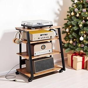 Cravinto 4-Tier AV Media Stand Stereo Cabinet for Record Player Storage, Audio Rack Console Shelf Corner Entertainment Center with Led Lights (Black)
