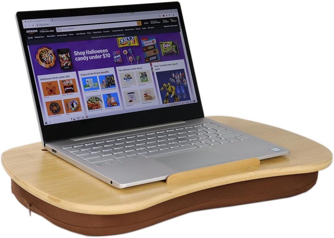 Lap Desk for Laptop with Cushion-Fits up to 17 inch, Bamboo Computer Laptop Stand with Phone Hoder, Anti-Slip Stopper