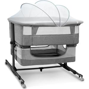 Baby Bassinet, 3 in 1 Bedside Sleeper with Mattress and Mesh Sides, Mosquito Net, Storage Basket, with Rocking Function, 5-Height Adjustable, Easy Assemble Crib for Newborn, Gray (Grey)