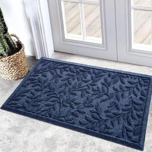 Bulijojo Outdoor Indoor Entrance Doormats,Durable Heavy Duty Welcome Mat,Thick Absorbent Natural Rubber Non Slip Mat,Easy Clean Entryway Rug 17x30 Inch Leaves Blue (1'5" x 2'6")