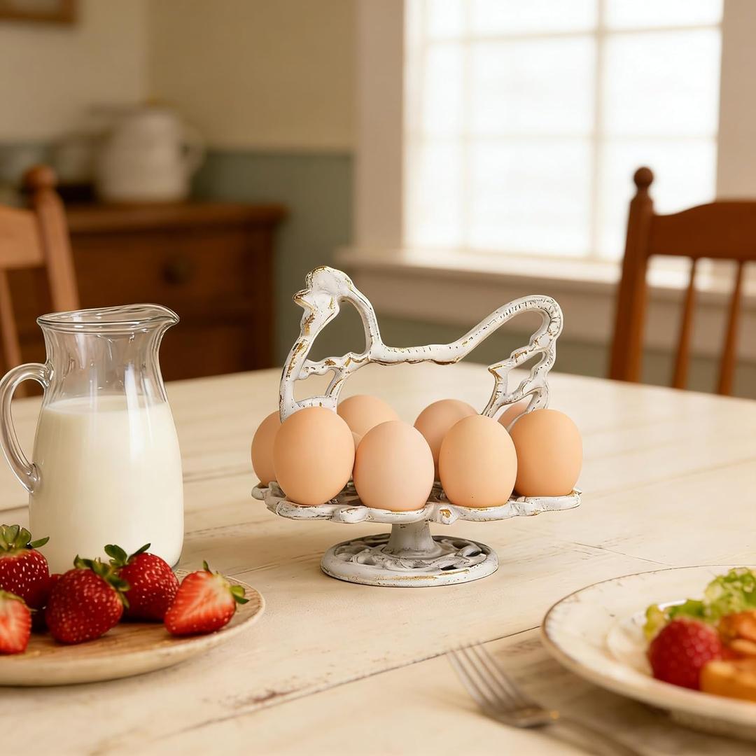 Rustic Cast Iron Chicken Egg Holder Stand, 8-Slot Countertop Egg Storage Rack, Heavy Duty Retro Egg Tray, Kitchen Decor Organizer for Fresh Eggs, Brunch Display (White with Gold)