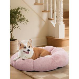 OhGeni 20 inches Calming Donut Dog & Cat Bed for Small Pets, Warming Comfort Fluffy Short Pile Fur, Durable Machine Washable, Cute Round Bed for Puppy and Kitten, Camel (L (31"L x 31"W x 9"Th), 03-Pink)