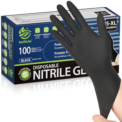 SWIFTLITE Black Nitrile Gloves, Food Safe Disposable Gloves Latex Free, Rubber Gloves Powder Free for Cooking, Kitchen Cleaning (100, Medium)