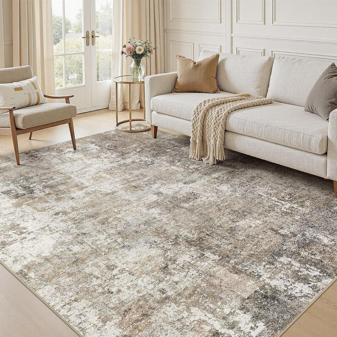 Area Rugs 5x7 Living Room: Washable Large Abstract Modern Neutral Rugs Soft Non Slip Stain Resistant Low Pile Carpet for Bedroom Dining Nursery Home Office Room Home Decor - Brown Grey