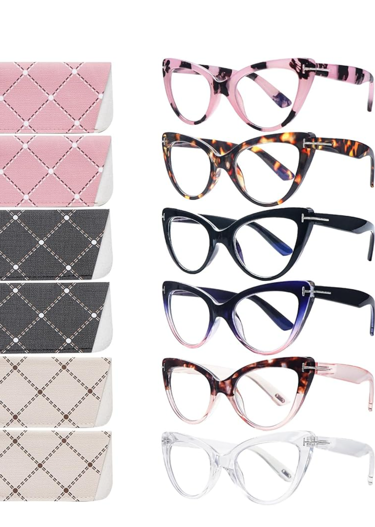 6 Pack Fashion Cat Eye Reading Glasses for Women Blue Light Blocking Oversized Spring Hinges Computer Readers +1.75